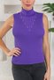 Women's Stand Collar Zero Sleeve Chest V Stone Detail Purple Knitwear Blouse