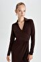 Bodycon V-Neck Midi Long Sleeve Dress - 3