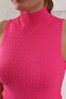 Women's Turtleneck Zero Sleeve Knitted Pattern Fuchsia Knitwear Blouse - 4