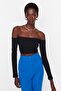Black Fitted Super Crop Carmen Collar Ribbed Stretchy Knitted Blouse TWOAW23BZ00482