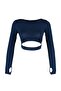 Koyu Lacivert Crop Pencere/Cut Out ve Baş Parmak Delik Detaylı Örme Spor Üst/Bluz TWOAW21BZ0156 - 6