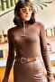 Women's Bitter Brown Zippered Turtleneck Lycra Blouse BLZ-19001155 - 6