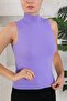 Women's Turtleneck Zero Sleeve Knitted Pattern Purple Knitwear Blouse - 2