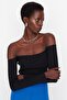 Black Fitted Super Crop Carmen Collar Ribbed Stretchy Knitted Blouse TWOAW23BZ00482 - 2
