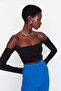 Black Fitted Super Crop Carmen Collar Ribbed Stretchy Knitted Blouse TWOAW23BZ00482 - 3