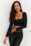 Women's Black Square Collar Crop Blouse CG263 - 2