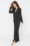 Black Striped Slit Detail Viscose Shirt-Pants Woven Pajama Set THMAW23PT00158