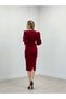 Crepe Fabric Degaje Collar Pencil Dress - Claret Red - 5