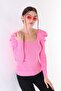 Women's Pink Sleeve Pleated Gathered Princess Sleeve Square Collar Blouse Sweater - 2