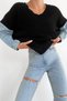 Black V-Neck Sleeve Knitwear Sweater with Denim Detail - 4