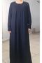 Navy Blue Front and Back Gathered Cut-out Combed Cotton Viscose Dress - 3