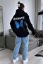 Women's Black Private Back Printed Oversize Hooded Sweatshirt - 2
