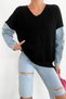 Black V-Neck Sleeve Knitwear Sweater with Denim Detail - 6