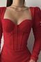 Crepe Fabric Chest Filled Wrap Skirt Detailed Long Sleeve Red Evening Dress 141 - 2