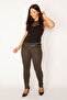 Women's Large Size Khaki Plaid Patterned Trousers with Belt Accessories 65n28637