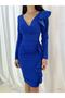 women's Blue, Imported Crepe Fabric Long Sleeve Ruffle Dress