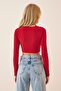 Women's Red Cut Out Detailed Crop Sandy Knitted Blouse YK00047 - 4