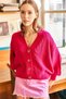Women's Fuchsia Thick Hair Braided Knitwear Cardigan HRK-19000082