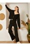 Women's Black V-Neck Front Button Closure Ribbed Knitwear Bottom-Top Suit Top Cardigan Bottom Trousers Detail - 2