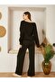 Women's Black V-Neck Front Button Closure Ribbed Knitwear Bottom-Top Suit Top Cardigan Bottom Trousers Detail - 3