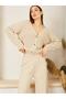 Women's Stone V-Neck Front Button Closure Ribbed Knitwear Bottom-Top Suit Top Cardigan Bottom Trousers Detail
