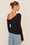 Black Fitted Off Shoulder Corded Cotton Stretch Knitted Blouse TWOAW23BZ00475 - 8