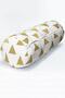 Modern Suede Armchair Cylinder Cushion Throw Pillow with Gold Triangle Detail on White Floor