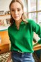 Women's Grass Green Polo Collar Washing Soft Textured Knitwear Sweater KZK-19000432 - 2