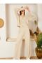 Women's Stone V-Neck Front Button Closure Ribbed Knitwear Bottom-Top Suit Top Cardigan Bottom Trousers Detail - 2