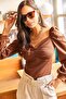 Women's Bitter Brown Front Gathered Balloon Sleeve Blouse BLZ-19001084 - 3