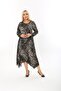 Black Pebble Patterned Women's Plus Size Long Sleeve Asymmetrical Cut Skirt Viscose Fabric Dress - 2