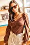 Women's Bitter Brown Front Gathered Balloon Sleeve Blouse BLZ-19001084 - 4