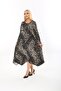 Black Pebble Patterned Women's Plus Size Long Sleeve Asymmetrical Cut Skirt Viscose Fabric Dress - 4