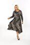 Black Pebble Patterned Women's Plus Size Long Sleeve Asymmetrical Cut Skirt Viscose Fabric Dress - 5