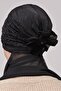 Pleated Hair Braided Beaded Rose Detailed Satin Hijab Bonnet Shawl-black - 4