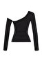 Black Fitted Off Shoulder Corded Cotton Stretch Knitted Blouse TWOAW23BZ00475 - 12