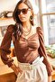 Women's Bitter Brown Front Gathered Balloon Sleeve Blouse BLZ-19001084 - 2