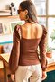 Women's Bitter Brown Front Gathered Balloon Sleeve Blouse BLZ-19001084 - 5