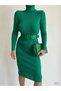 New Season Belt Detail Turtleneck Green Color Knitwear Midi Length Evening Dress and Graduation Dress 0167 712 - 3