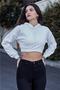 Beyaz Crop Kapüşonlu Ince Örme Sweatshirt - 4