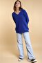 Women's Cobalt Blue Oversize Casual V-Neck Knitwear Sweater - 2
