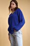 Women's Cobalt Blue Oversize Casual V-Neck Knitwear Sweater - 3