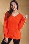 Women's Orange Oversize Casual V-Neck Knitwear Sweater