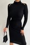 New Season Women's Black Stretchy Knitwear Fabric Button Detailed Long Sleeve Midi Dress