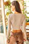 Women's Striped Mink U-Neck Placket Crop Lycra Blouse BLZ-19002031 - 5