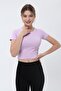 Women's Lilac Round Neck Ribbed Short Sleeve Crop Tshirt - 2