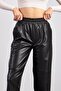 Elastic Waist Knee Seam Faux Leather Trousers - 3