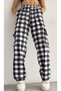 Unisex Black and White Plaid Trousers with Elastic Waist Cargo Pocket Detail