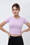 Women's Lilac Round Neck Ribbed Short Sleeve Crop Tshirt