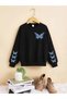 Kids Blue Butterfly Butterfly Printed Black Girls Sweatshirt